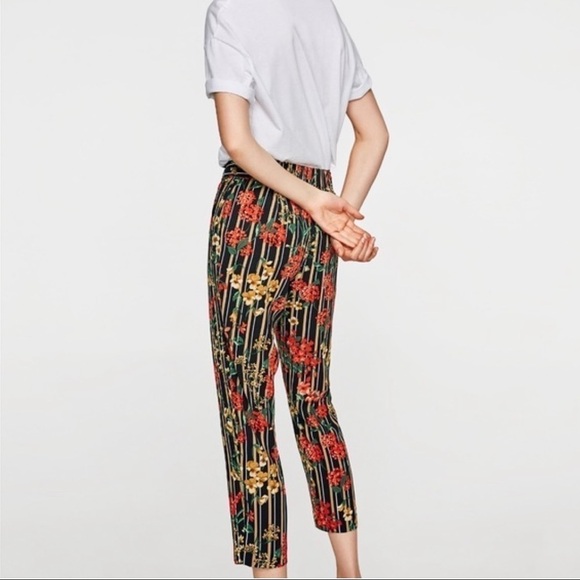 Zara Pants Trousers Striped and Floral Print Cropped Bow at Waist Sz XS - Picture 4 of 11